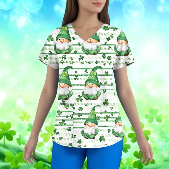 Dolkfu Green Ladies Tops V Neck Scrub Short Sleeve Pullover Tees Nurse Irish Women Shirt L