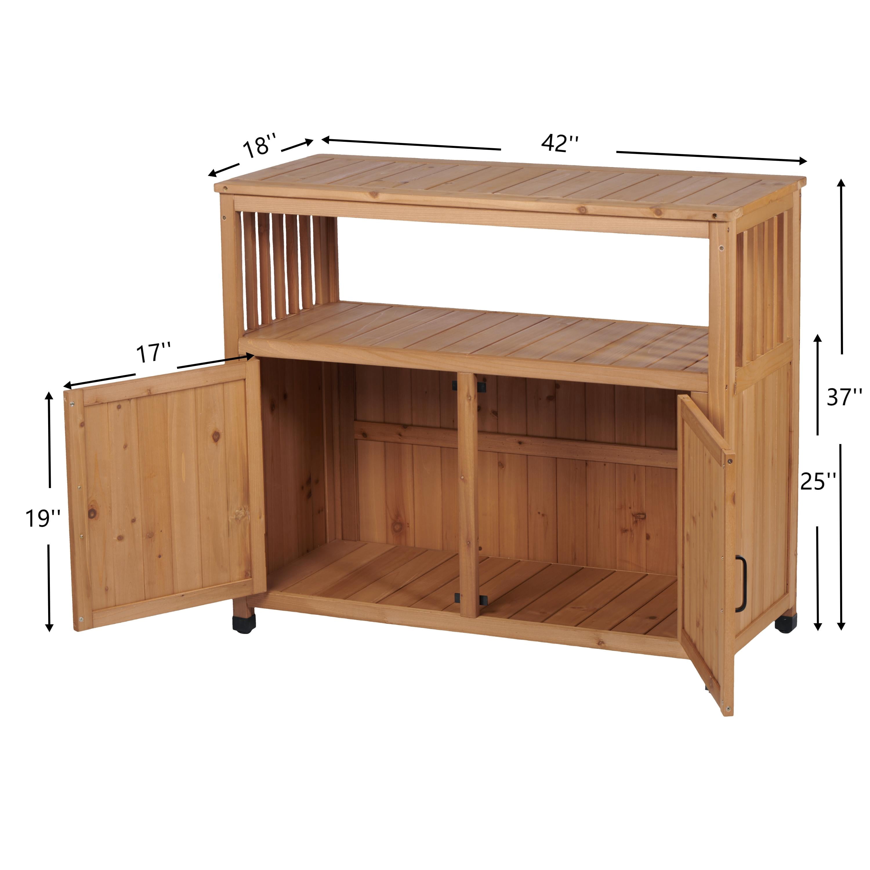Wooden Patio Bar Table with Storage Cabinet, Outdoor Buffet Sideboard and Serving Station with Slatted Design, Light Brown
