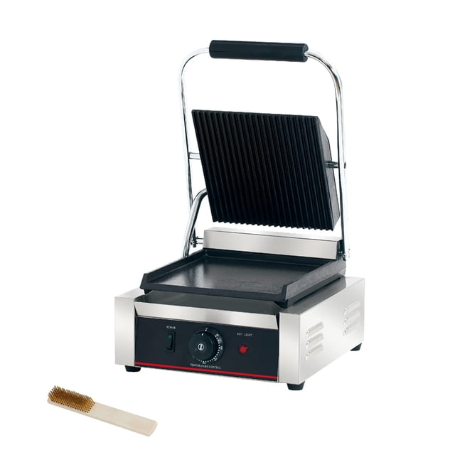 Prensa comercial Panini con parrilla acanalada para sándwicheros, parrilla de contacto eléctrica individual (parte superior acanalada e inferior lisa)