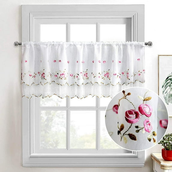 ZHH Rose Floral Window Valance Sheer Two-Layer Handmade Embroidered Pocket Cafe Curtain 15" x 90"