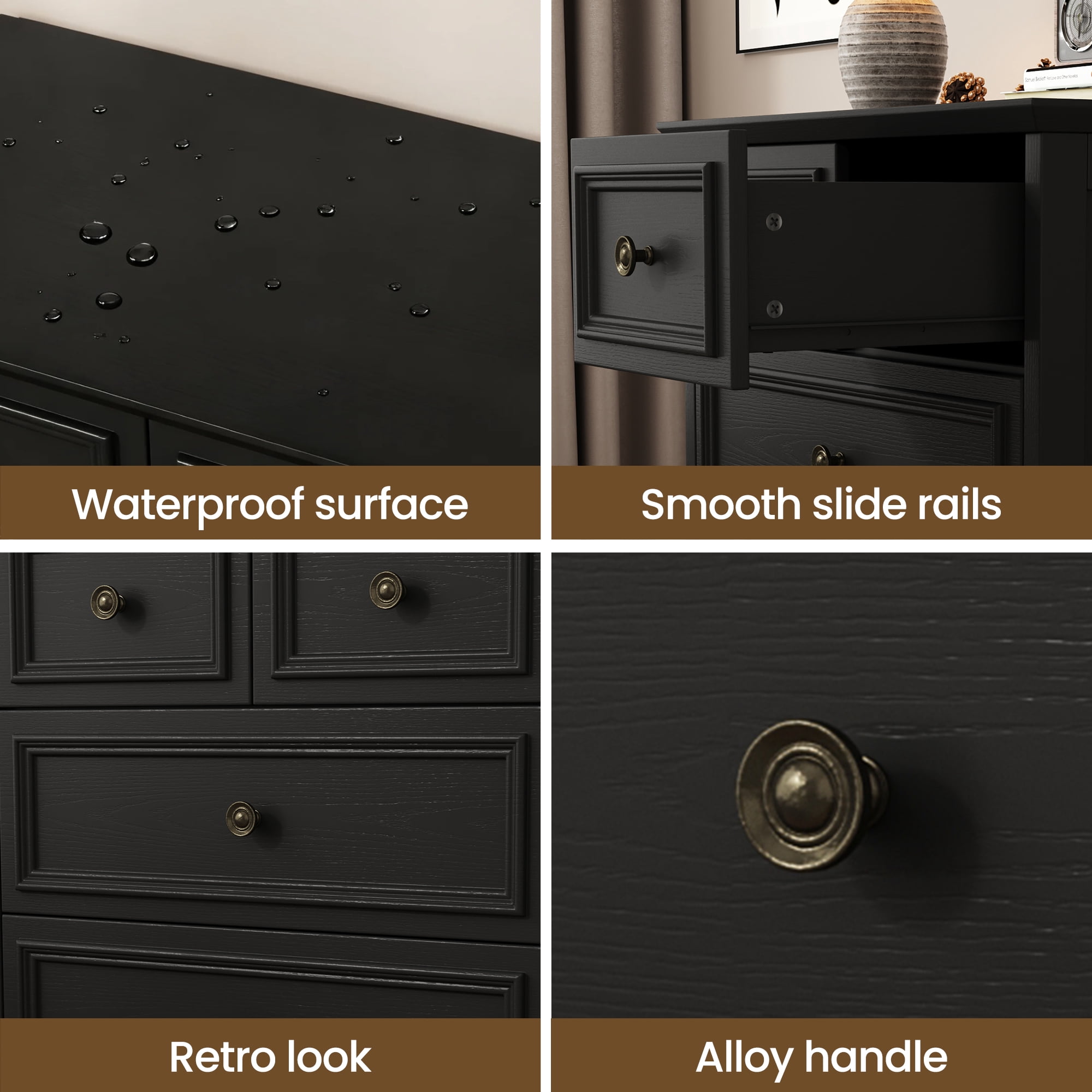 IDEALSOUL 5 Drawer Dresser for Bedroom, Black Rustic Style Chest of Drawers, Retro Style 5 Drawer Dresser for Bedroom, Living Room, Bathroom