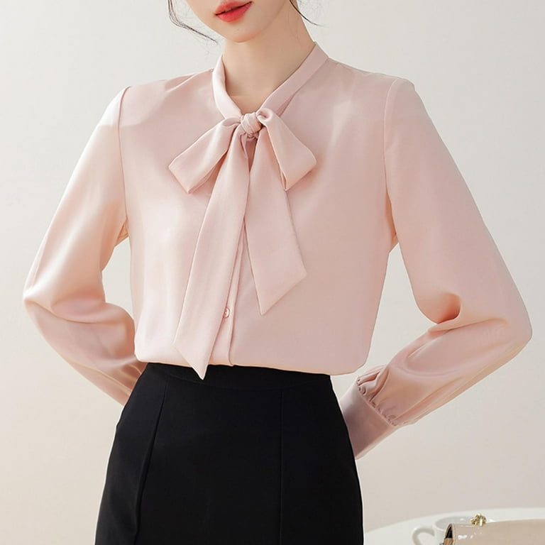 Women's Bow Tie Neck Elegant Shirts Long Sleeve Blouse Solid Color