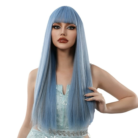 Uteam Blue Long Straight Synthetic Wigs with Bangs for Women Soft Dreamy Heat Resistant Natural Breathable Hair Net Party Daily Use