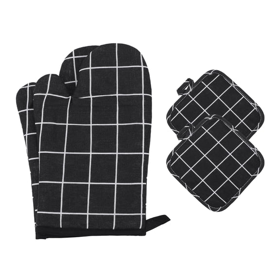 Unique Bargains Heat Resistant Oven Mitts and Pot Holders Sets 4 Pcs Black 10.6x6.7 Inch