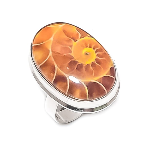 Natural Ammonite Fossil Gemstone 925 Sterling Silver Jewelry Ring Size 9
