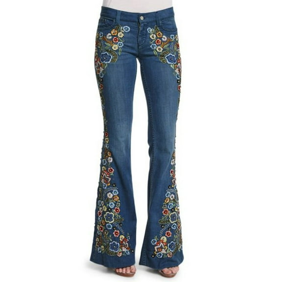 Ruimatai Women's Flare Jeans High Waist Bootcut Stretch Denim Pants with Embroidery & Destroyed Details Comfortable Slim Fit Casual Trousers