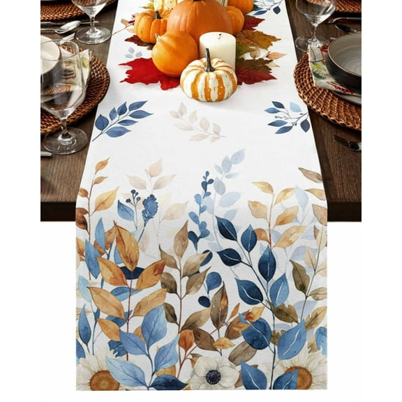 Fall Table Runner Thanksgiving Eucalyptus Leaves Table Runners Watercolor Plant Floral Cotton Linen Dresser Scarf Kitchen Dining Table Decor for Fall Holiday Party Decor 13x90 Inch