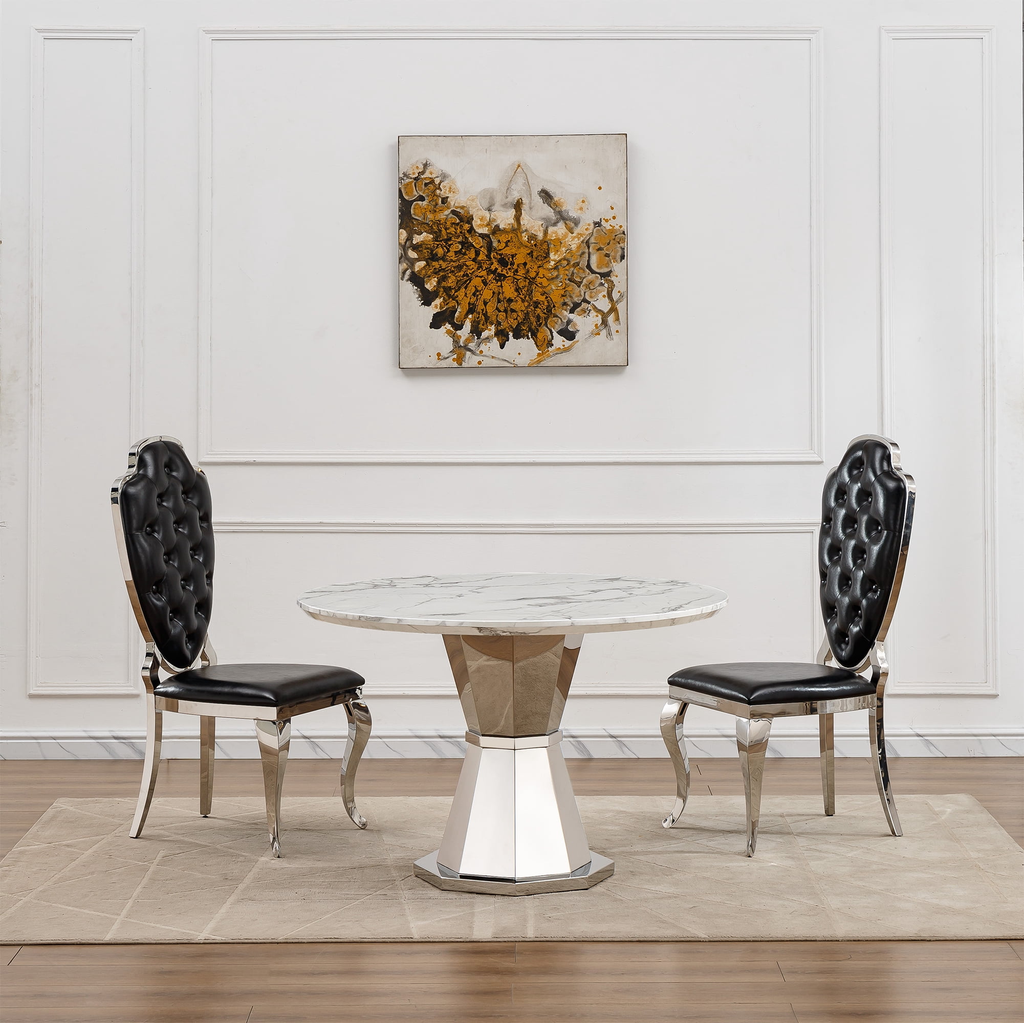 Shikeyi 47" Round Marble Dining Table for 4-6, Luxury Modern Kitchen Table with Marble Grain MDF Tabletop & Silver Mirrored Stainless Steel Pedestal Base for Dining Room, White (Table Only)
