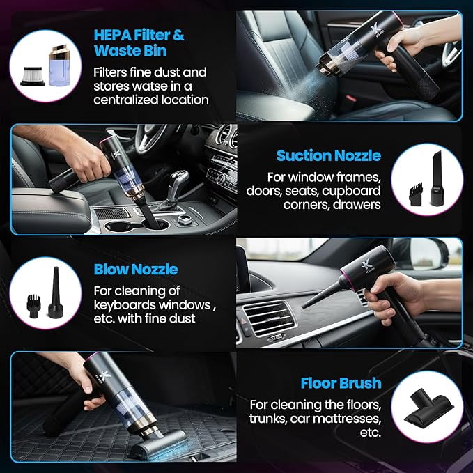Handheld Vacuum Cleaner Cordless Dual Suction 7.5K & 12K Pa with Blower, Inflator & Deflator, Portable Cleaning Tool for Home, Office, Kitchen & Car, Black