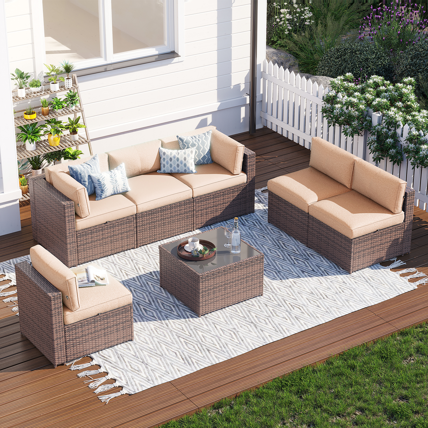 Clouddwell 7 Piece Patio Furniture Set Wicker Rattan Patio Conversation Set Outdoor Sectional Sofa Set with Coffee Table and Black Cushions(Waterproof Cover Included)