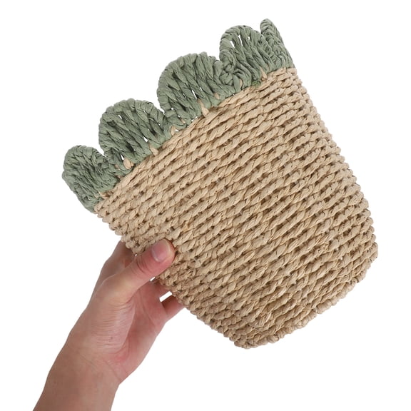 OULII Handwoven Trash Organizer Bin Paper Rope Storage Basket Green Scalloped Edge 1Pcs for Clothing Storage