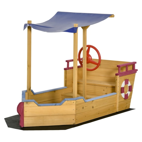 Wooden Sandbox Pirate Ship for Kids | Outdoor Sand Play Boat with Bench and Canopy | Ages 3-8 | Orange