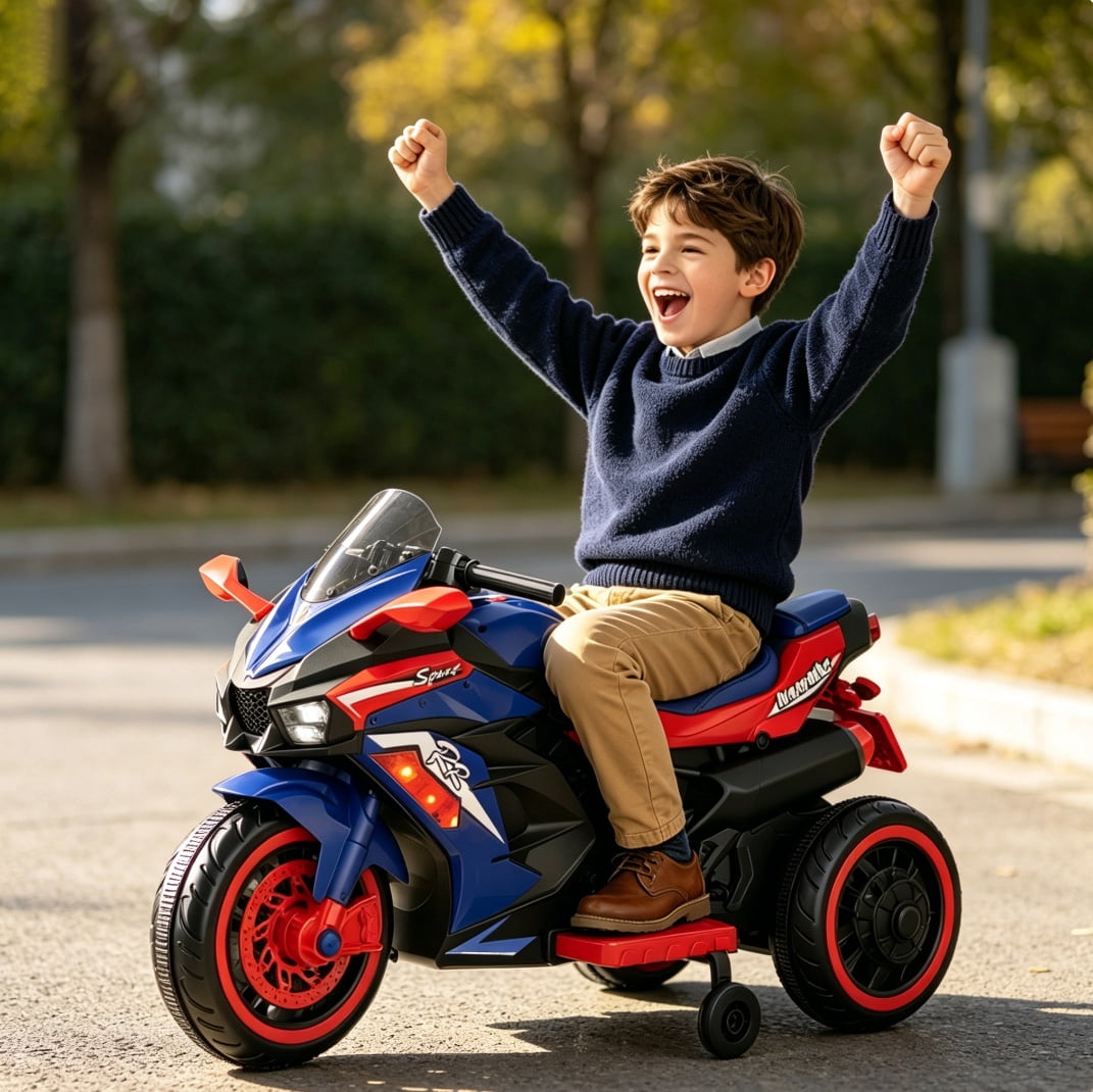 HNH 12V Ride on Motorcycle with Remote Control, Kids Electric Motorcycle with Music, Bluetooth, Lights