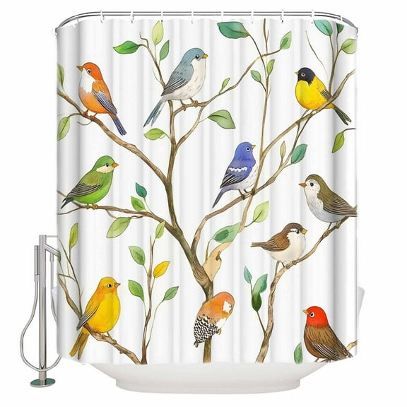 72x78 Inch Shower Curtain Spring Birds Bathroom Decor Waterproof Fabric Bathtub Bath Curtains Decorative Watercolor Animals Tree Branch Leaves Extra Long Shower Curtain Set with Hooks