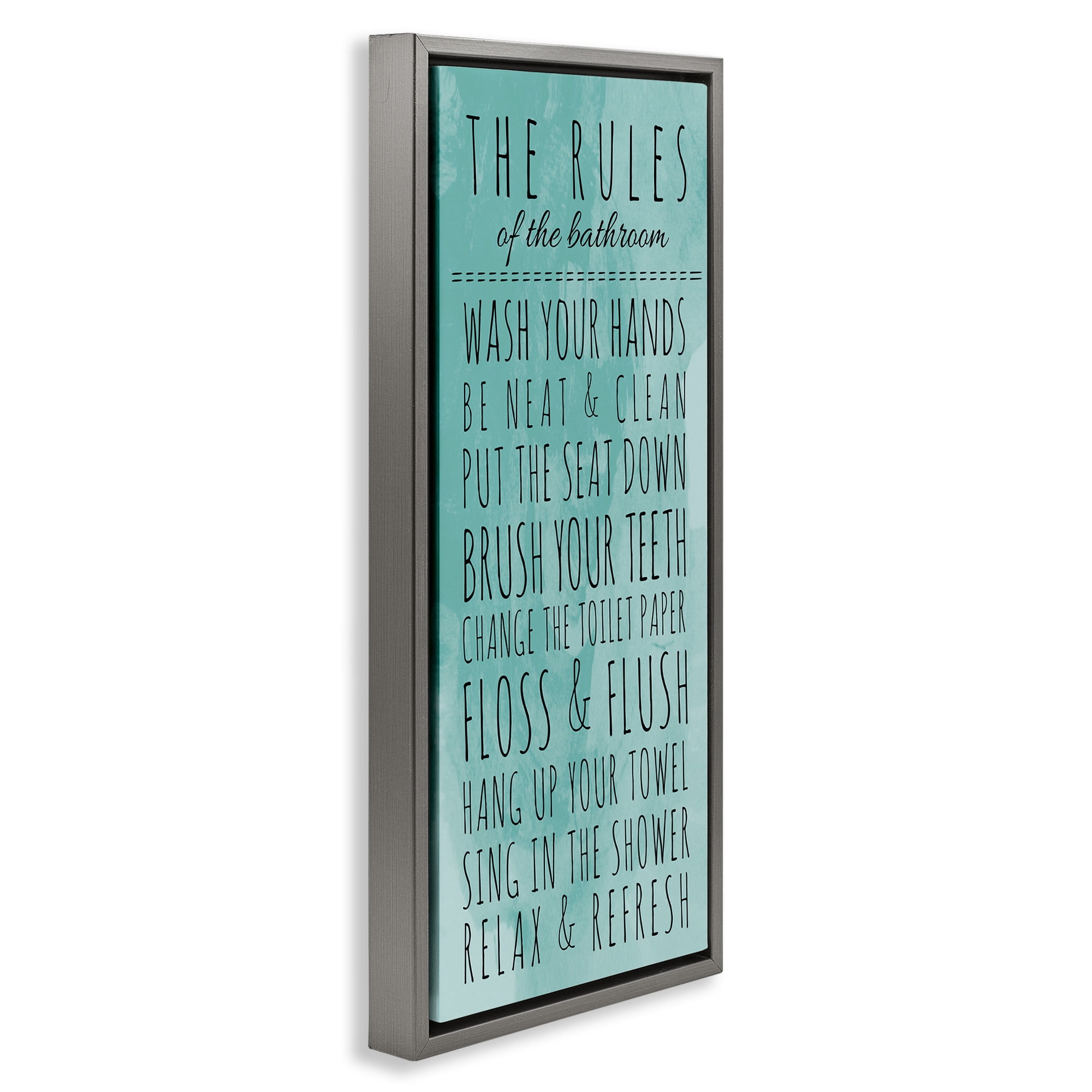 Stupell Industries Bathroom Rules on Turquoise Typography Painting Gray Floater Framed Canvas Art Print Wall Art, 11 x 25