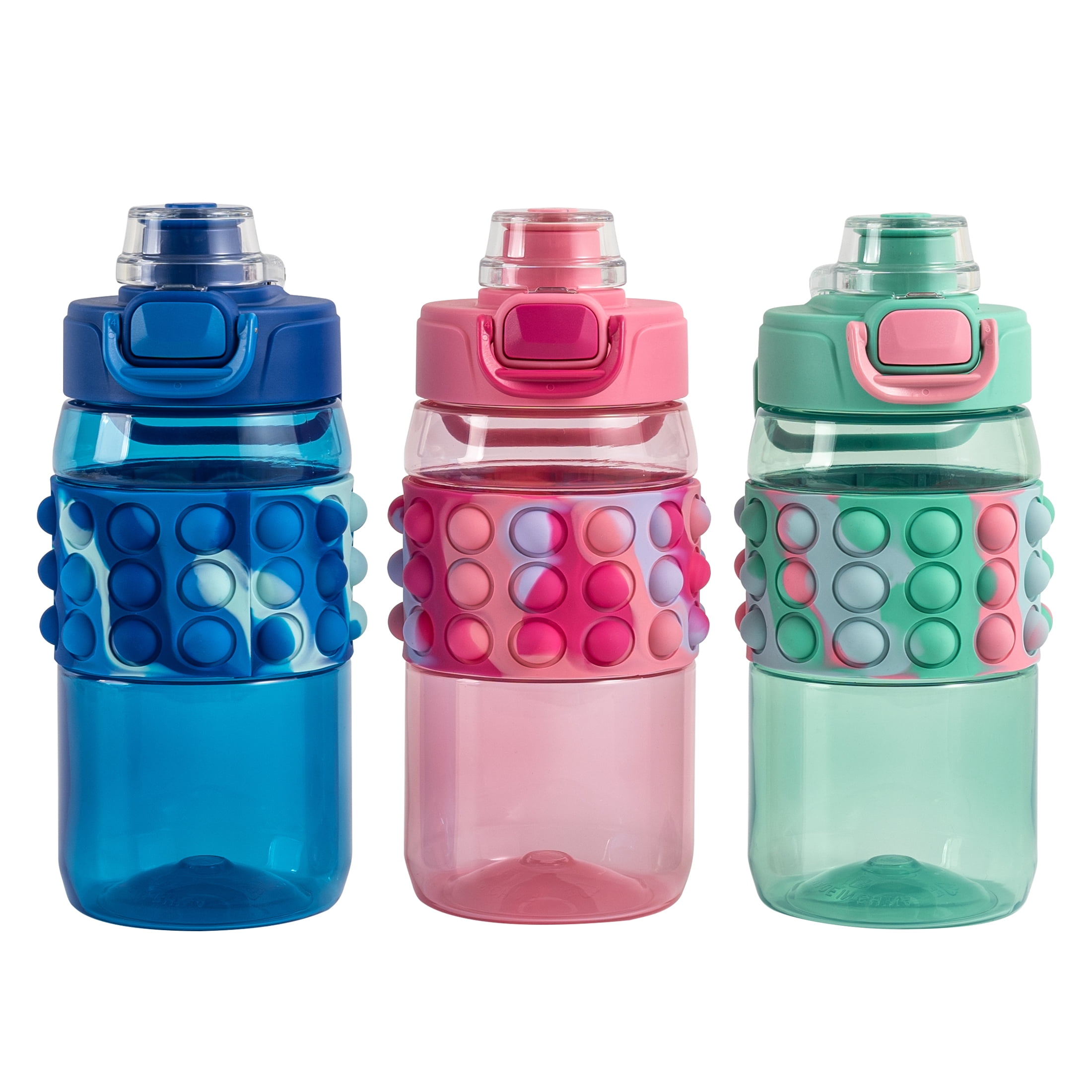 Your Zone 16 OZ Popit Water Bottle with Handle, Pink, Silicone Bubble Sleeve