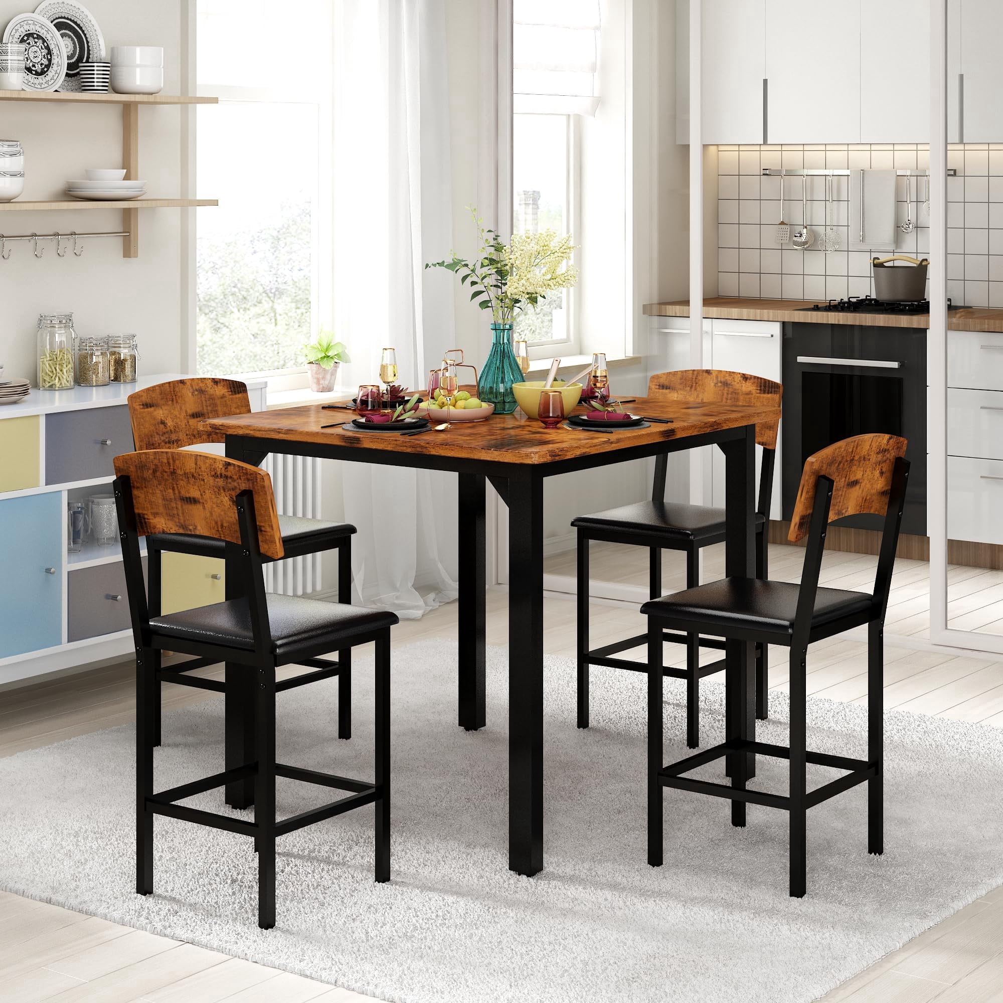 MIERES 4 Person Dining Table Set, Solid Wood Dining Table with 4 Upholstered Leather Chairs, Modern Kitchen Dining Room Dining Table Set for Small Spaces, Apartments, Kitchens, Dining Rooms. Brown