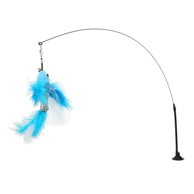 Divertido palo de plumas de gato, varita interactiva de plumas de gato de mano con ventosa para gatos, pez volador azul