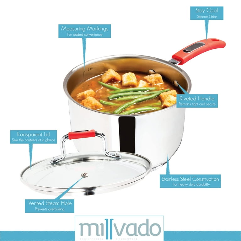 Millvado Sauce Pan, Stainless Steel 2.4 Quart Sauce Pan with Clear Glass Lid and Permanent Measurement Markings, Small Boiling Pot, Induction, GAS