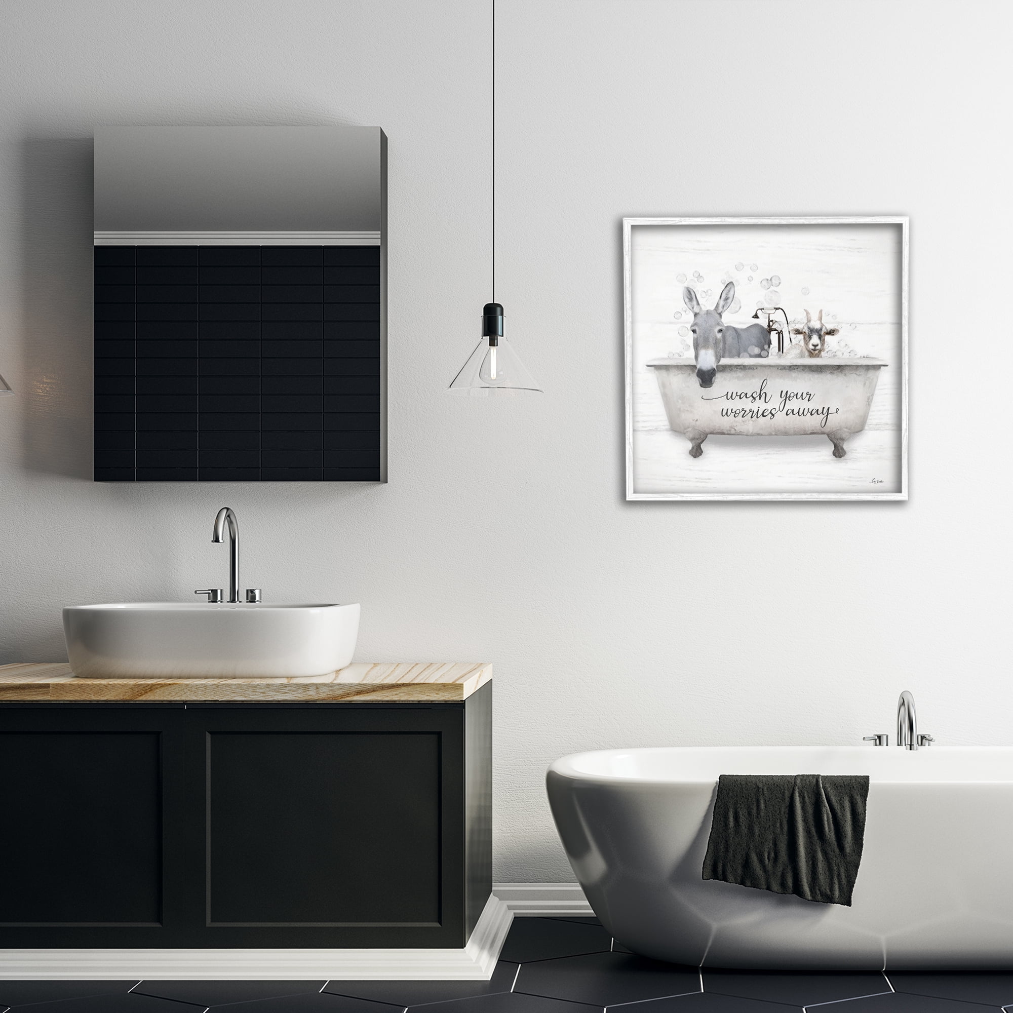 Stupell Industries Wash Worries Away Tub Typography Painting White Framed Art Print Wall Art, 24 x 24