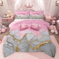 Castle Fairy Kawaii Ribbon Bow Girl Bedding Comforter Set 2pcs,Abstract Marble Twin Comforter Sets Microfiber,Dreamy Princess Glitter Breathable Bedding Set,Super Cozy Room Decor,Reversible