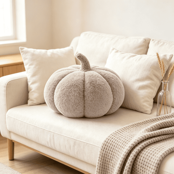 Halloween Plush Pumpkin Pillow, Gray Decorative Throw Cushion with Gray Stem, Fall Sofa Couch, Cozy Home Decor & Fall Gift
