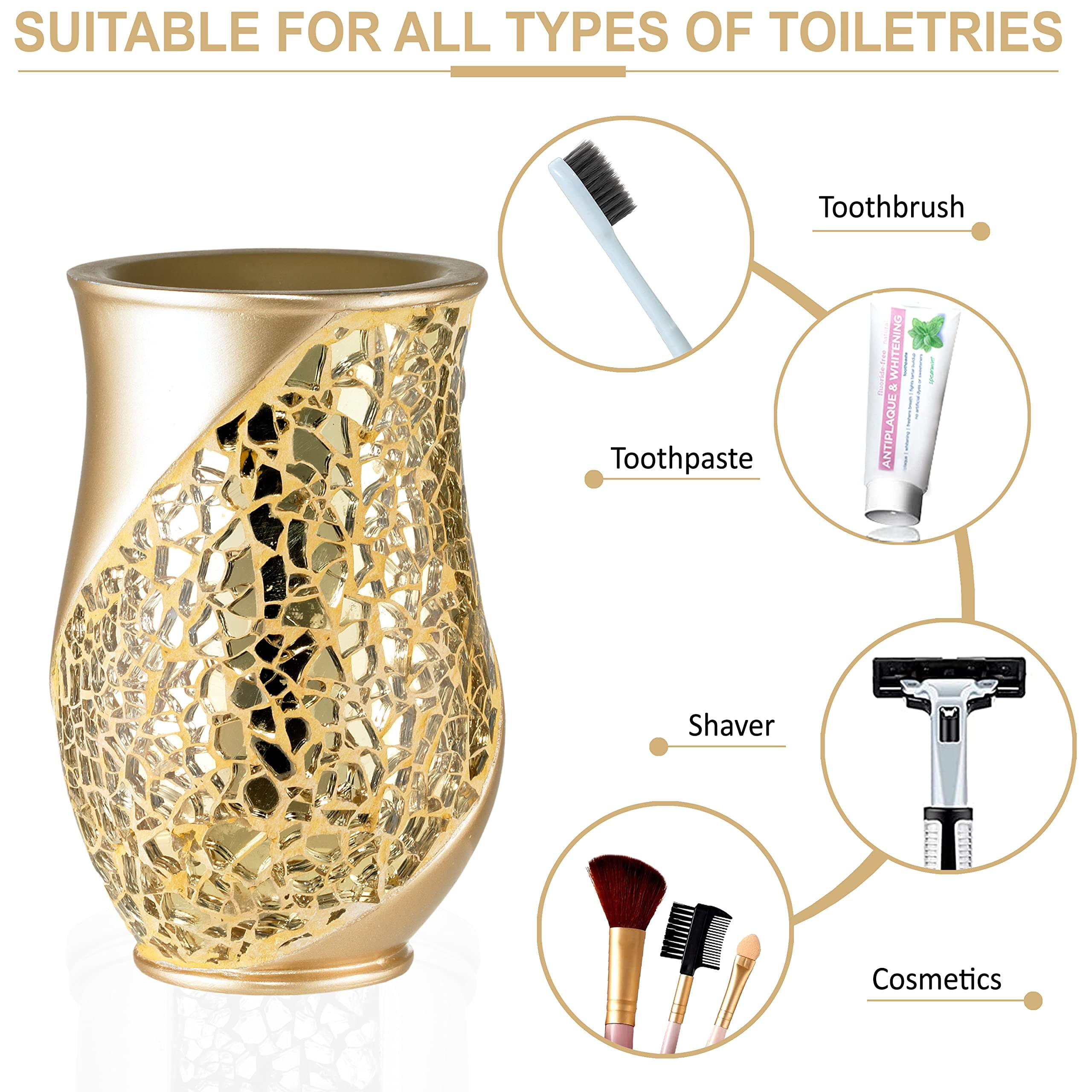 Zahari Home 4pc Sinatra Stylish Bathroom Accessories Set Champagne Gold Soap Dispenser Pump, Tumbler, Tooth Brush Holder and Soap Dish Modern Decor Bling Mosaic Glass Gold Bathroom Accessories