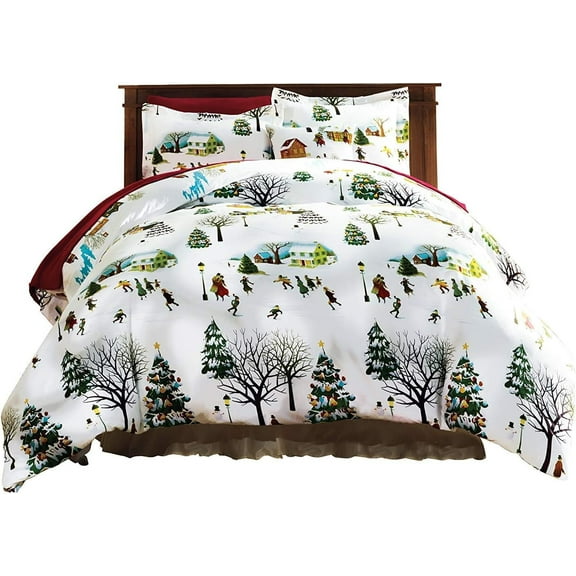 Bits and Pieces Christmas Village King Duvet Bedding Set – Holiday Reversible Comforter Cover with 2 Matching Shams, Soft Microfiber, Easy-Care, Button Closure – 102" x 87"