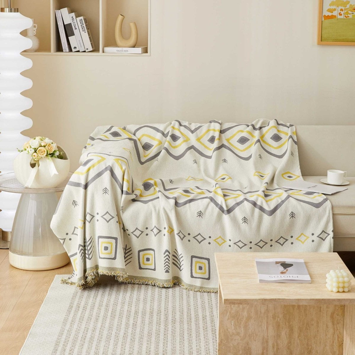 Croniis Boho Sofa Cover with Anti-slip Velcro Tape, Couch Blanket Cover Sectional Sofa Cover for Boho Style, Revitalizing the Old Sofa,Couch Protector,Chenille Fabric diamond pattern 71*134in