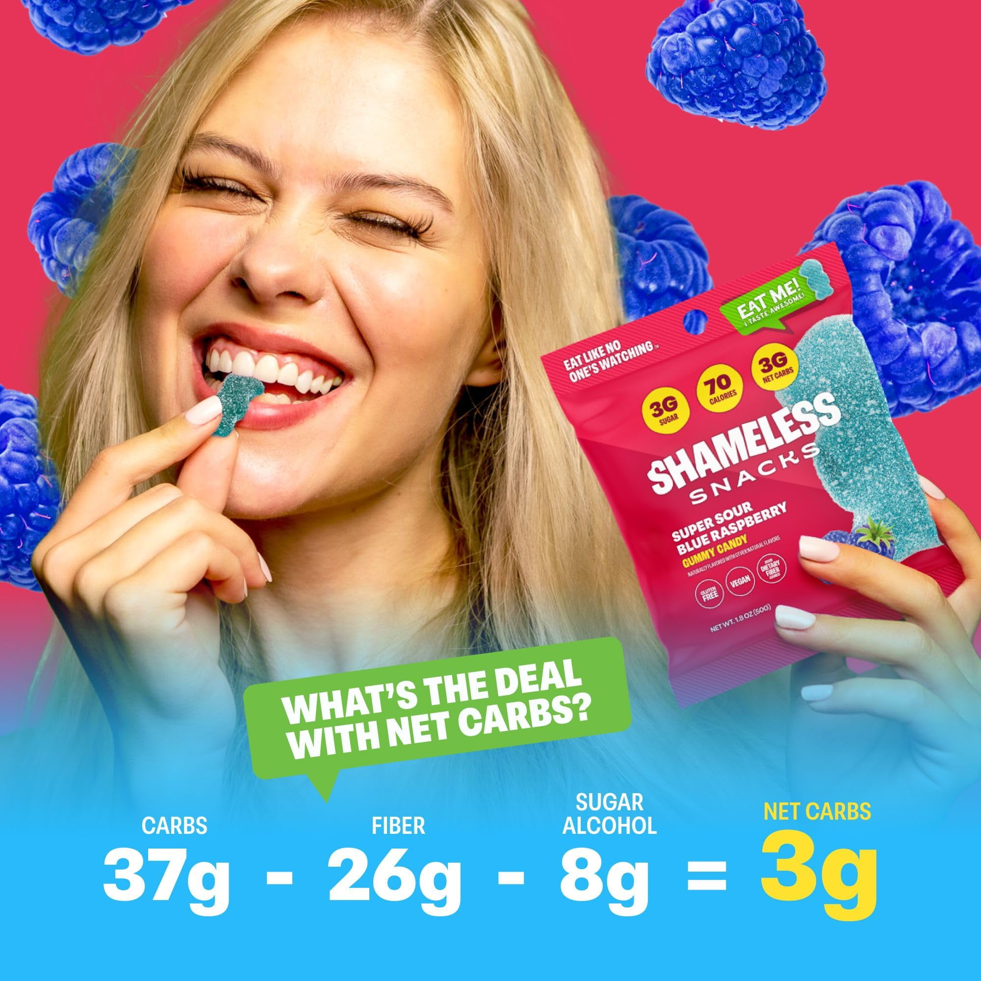 Shameless Snacks Super Sour Blue Raspberry - Sour Candy & Fruit Snacks, Gummy Candy, Keto Snacks in Bulk, 3g Sugar Gluten Free Vegan for Kids & Adults