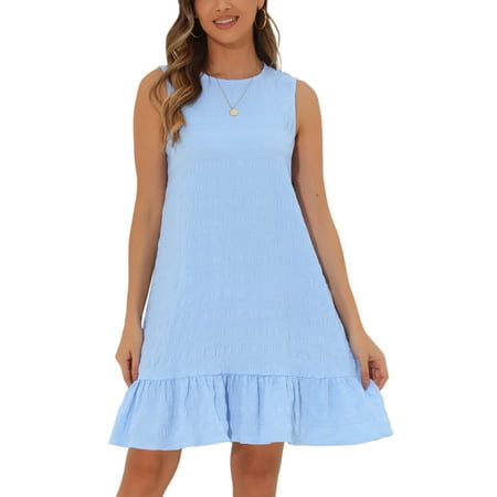 INSPIRE CHIC Women's Sleeveless Crew Neck Ruffle Hem Back Keyhole Smock Shift Mini Dresses XS Blue