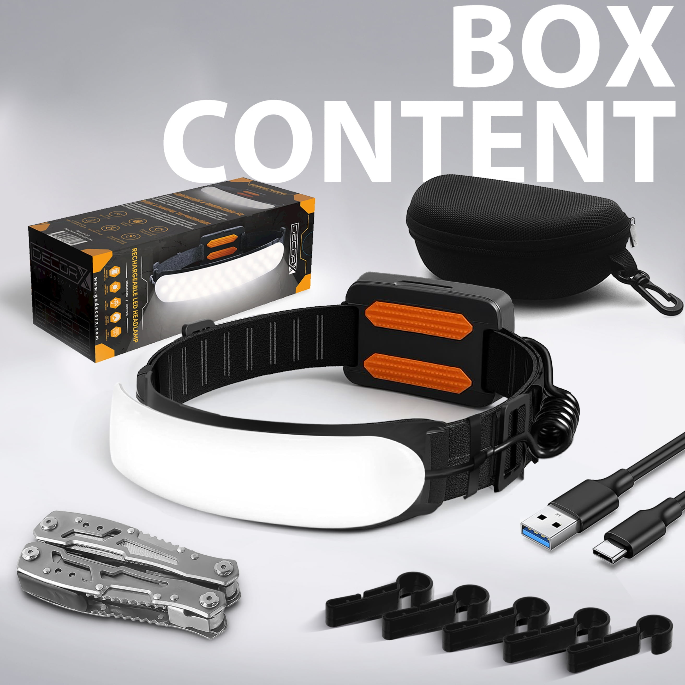 DecorX Headlamp Rechargeable 1500 Lm LED for Adults, 230° Wide Beam, Adjustable Light Bar, 5000mAh Battery, IPX6 Waterproof + Multitool