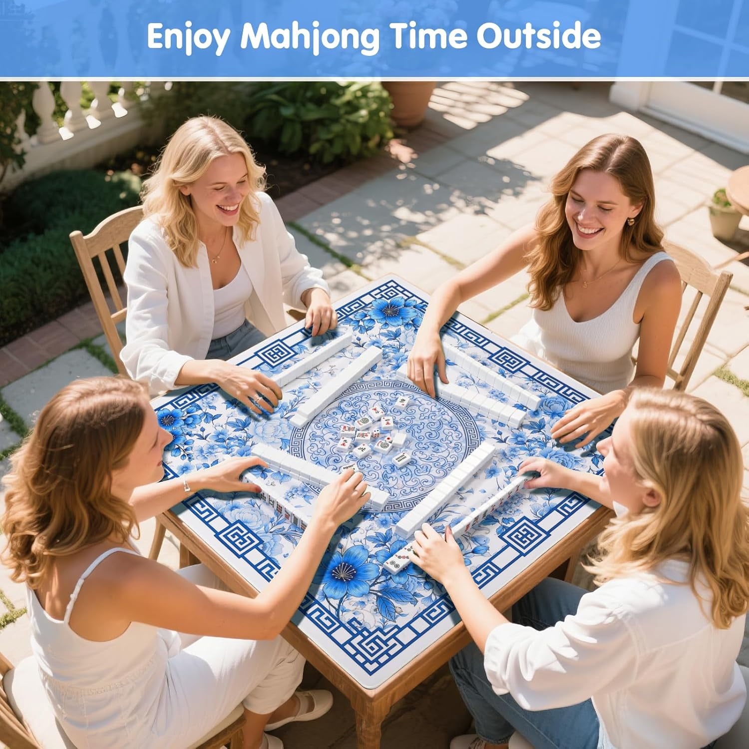 Mahjong Mat for Table 33x33 Inch, No-Crease, Anti-Slip, Noise-Reducing American Mahjong Mat, Mahjong Table Mat with Carry Bag,Neoprene Mahjong Mat for Poker, Card, Board(Blue)