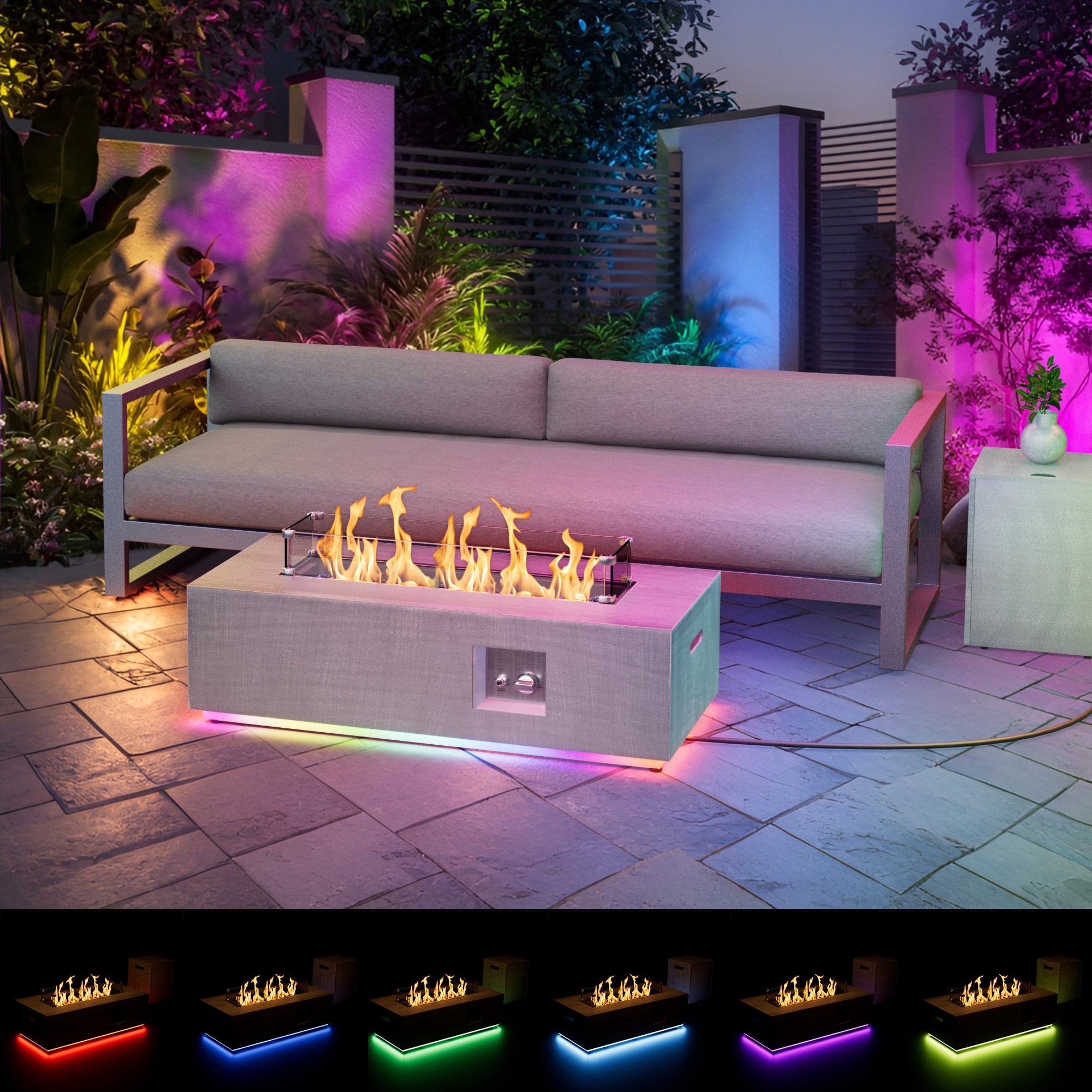 Evita 42" Propane Fire Pits for Outdoor 50,000 BTU Gas Fire Pit Table with Lid ,Glass stone,Windguard Glass,Tank Cover,LED Light Strip