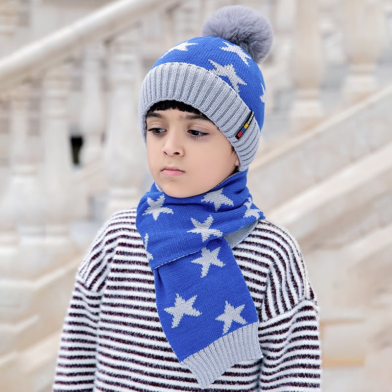Fashion Two-Piece Sets Hats Scarf Winter Thicken Wool Knitted Casual Elegant Warm Caps,Blue hat Scarf Set