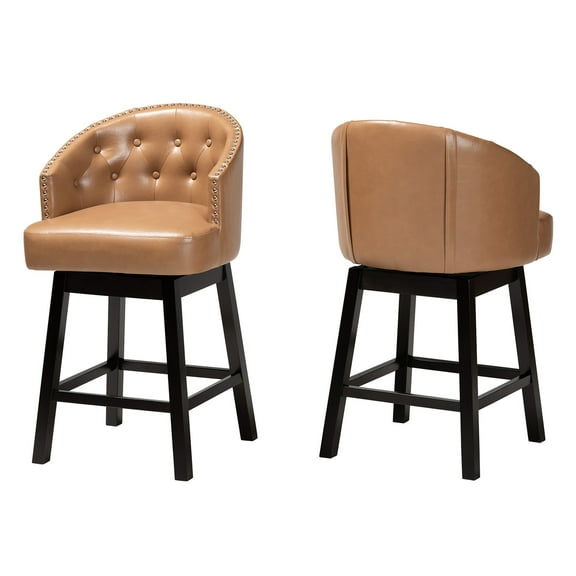 Baxton Studio Theron Mid-Century Transitional Tan Faux Leather and Espresso Brown Finished Wood 2-Piece Swivel Counter