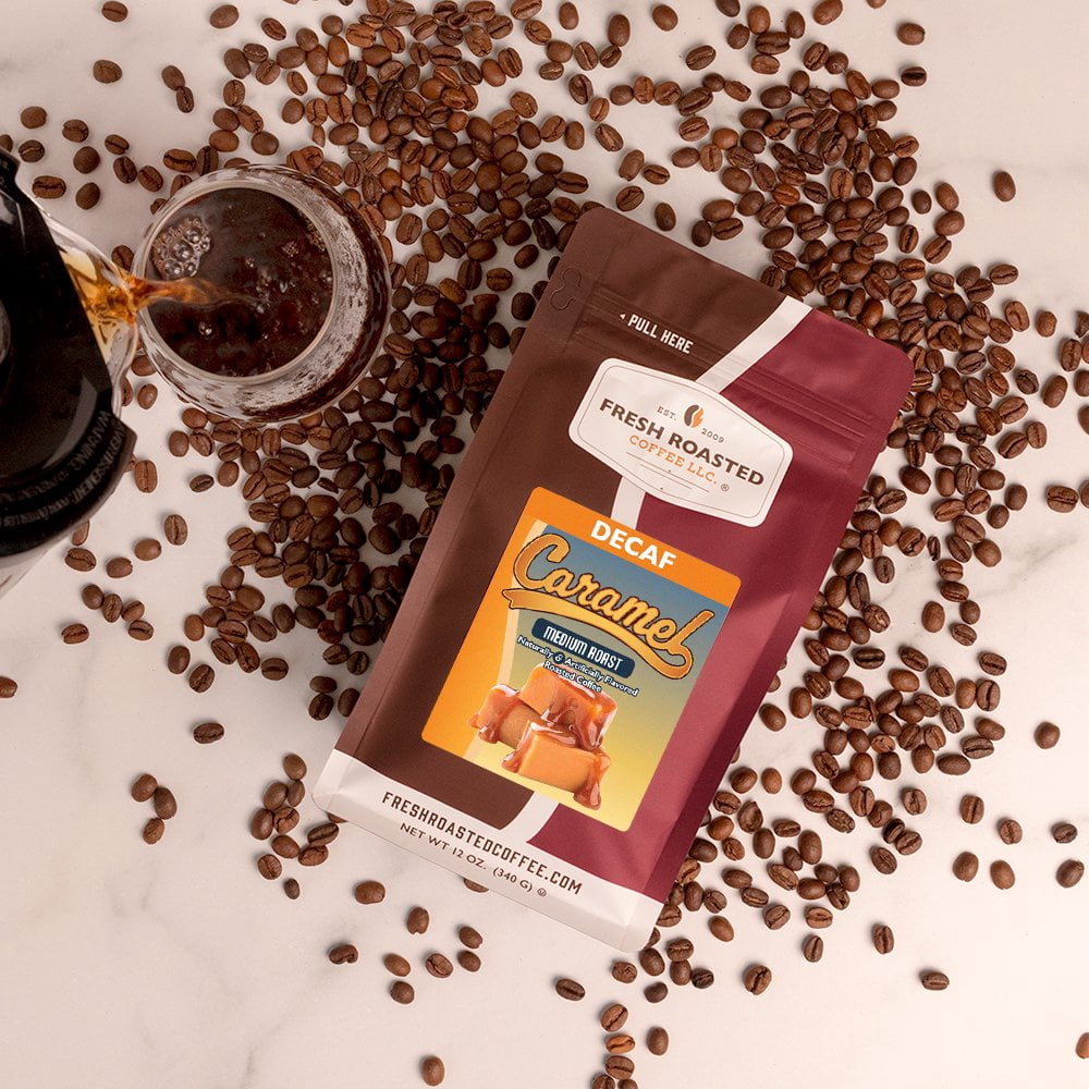 Fresh Roasted Coffee, Decaf Caramel Flavored Coffee Drip Ground, 32 oz 2 lbs
