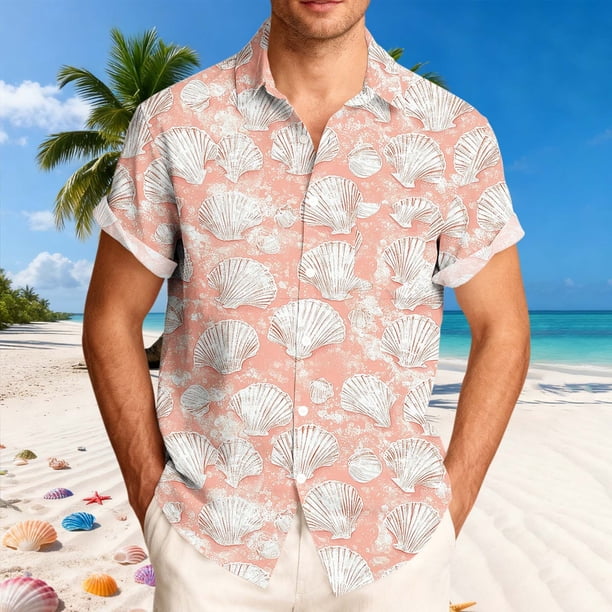 Ceisia Men's Relaxed Fit Dusty Pink White Shell Print Hawaiian Shirt Short Sleeve Summer Beach Casual Button Down Shirt (S-5XL) Gifts