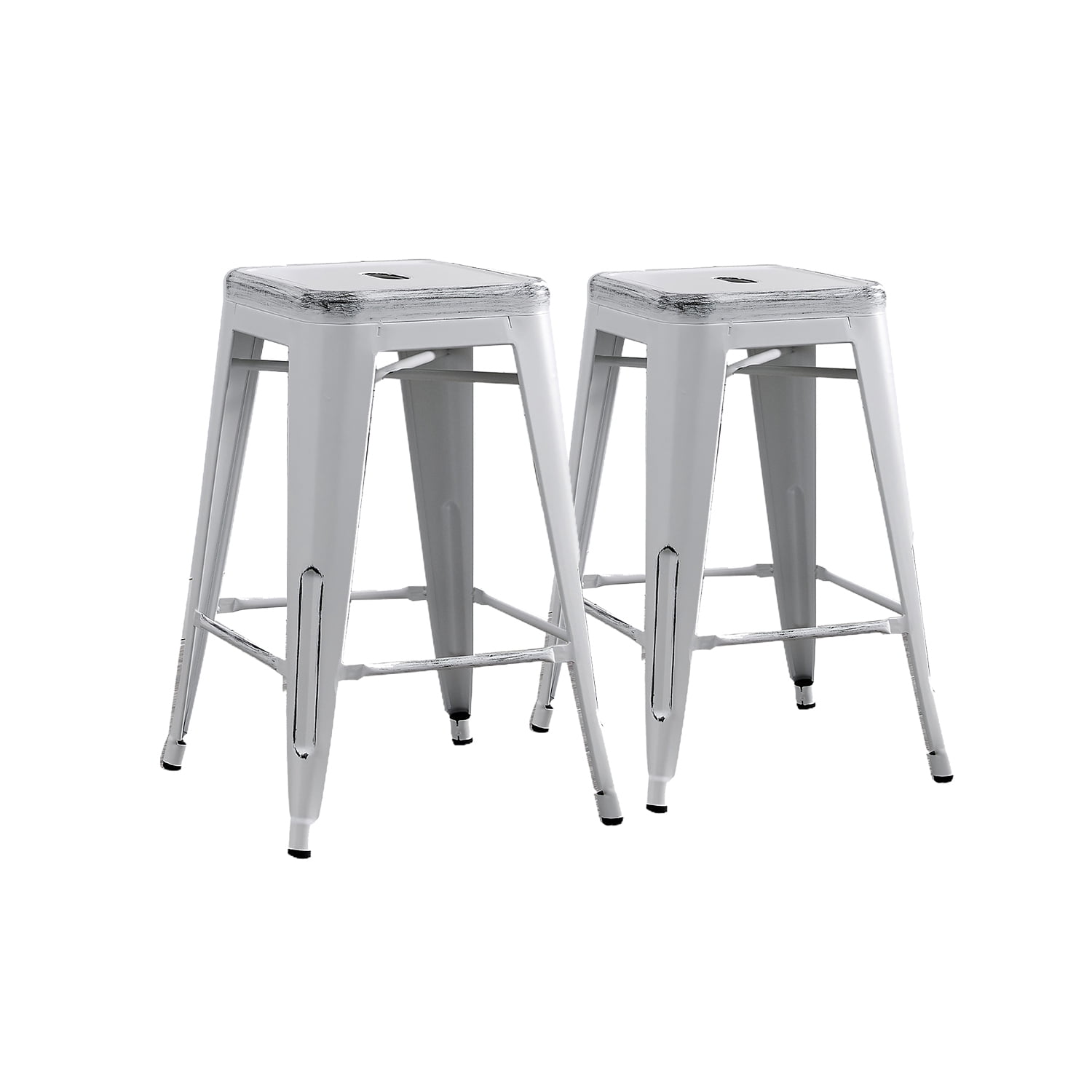 AC Pacific 24” Metal Backless Barstool Set of 2 – Country Rustic Style, Lightweight & Sturdy Build, Easy Assembly – Distressed Matte White