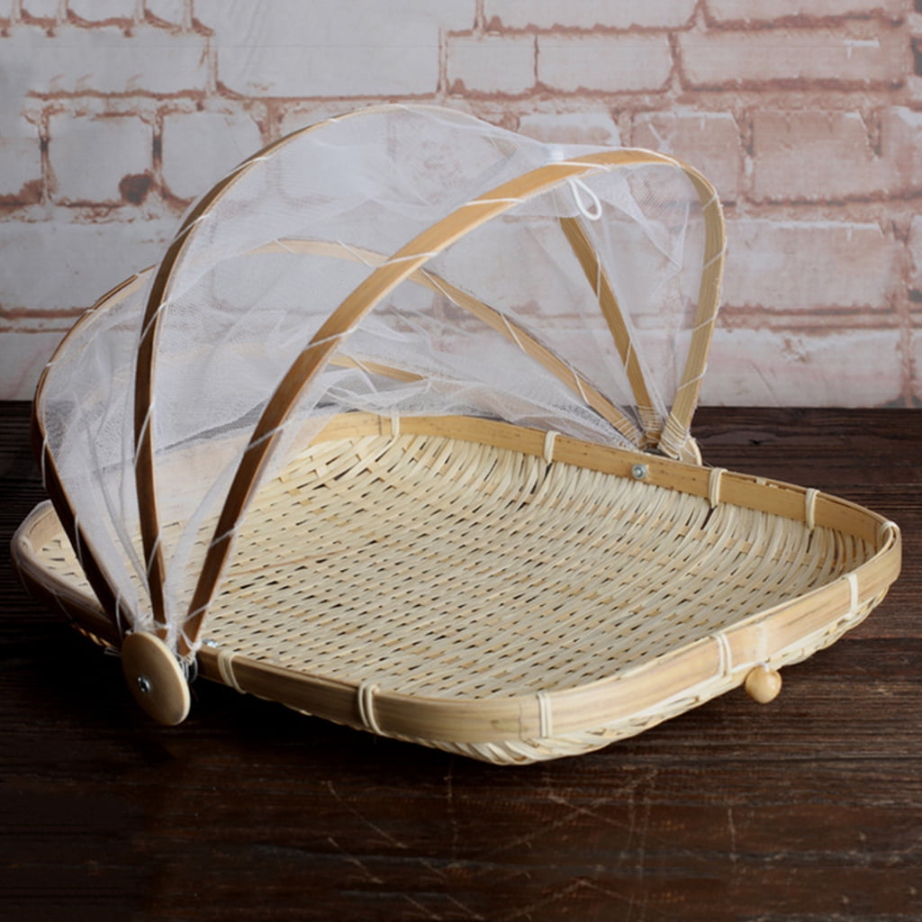 Bamboo Tent Basket Serving Food Picnic Pop Up Mesh Screen Net Cover Set 