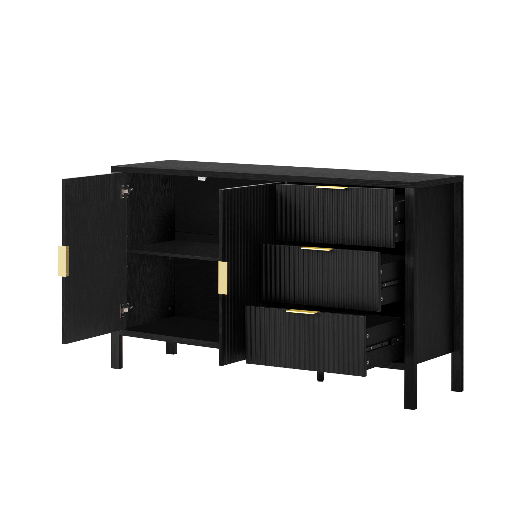 Euroco 55" Sideboard Buffet Cabinet with 3 Drawers, Modern Wave-Pattern Coffee Bar with Hooks and Extra Center Leg,Suitable for Living Room, Dining Room,Entryway,Black