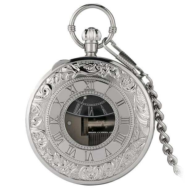 Reloj de bolsillo con movimiento musical antiguo con cadena, colección de arte vintage. Plata romana