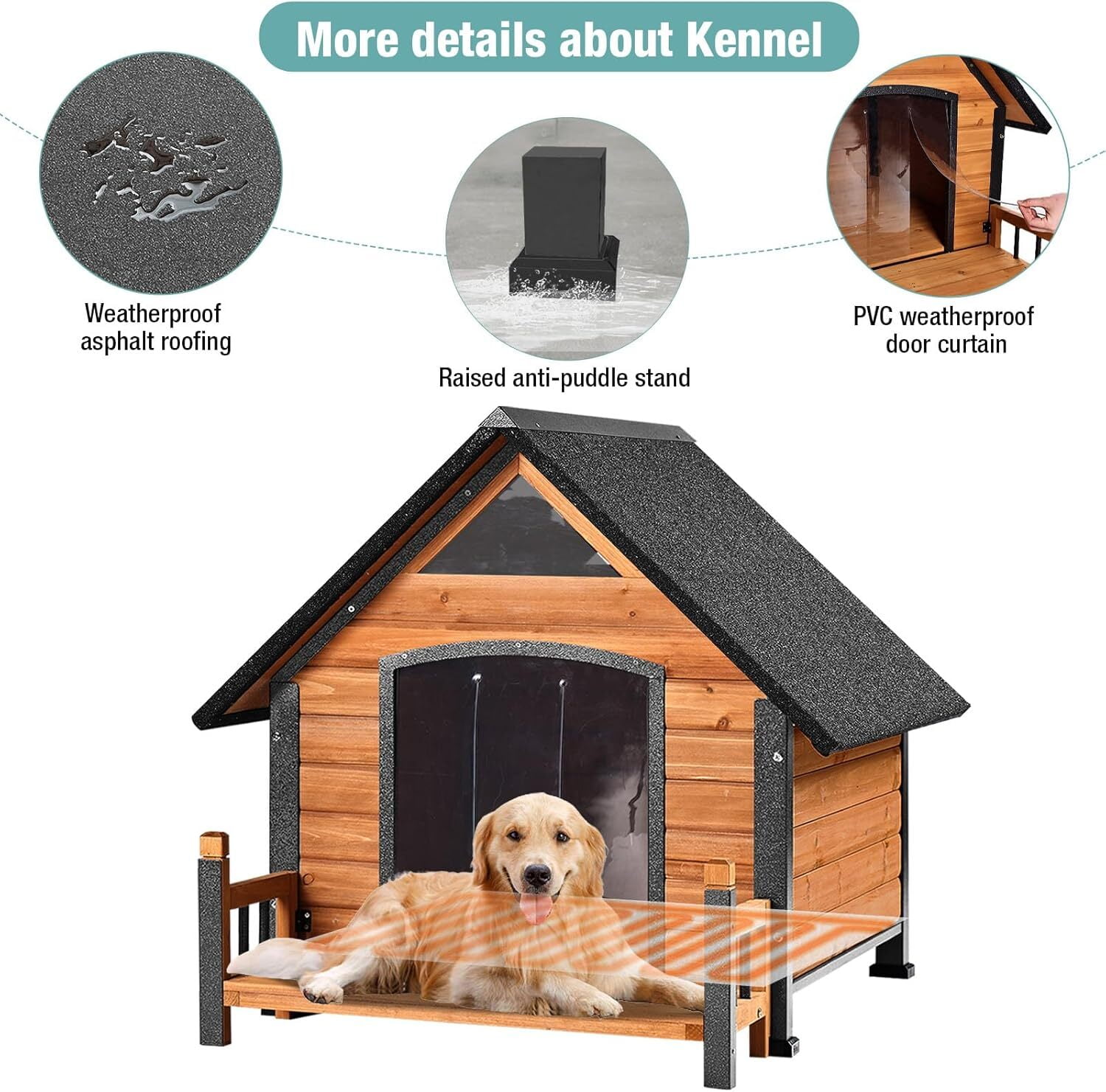 MEDEHOO Insulated Dog House with Heating Pad, Weatherproof Outdoor Kennel for Large Dogs, Chew-Resistant Iron Frame & Asphalt Roof XLarge