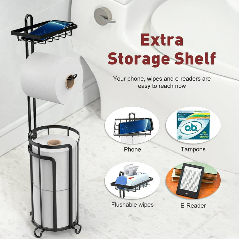 Toilet Paper Holder Stand with Reserve and Dispenser for 4 Mega Rolls,  Bathroom Freestanding Toilet Tissue Paper Roll Storage with Cell Phone  Shelf, Chrome