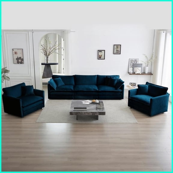 Modern Blue 3-Piece Chenille Sofa Set – 2 Accent Chairs   3-Seat Living Room Sofa with Solid Wood Frame