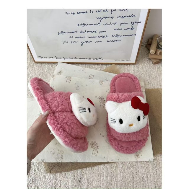 Y2K Hello Kitty Slippers Cute Plush Home Slippers Warm Cotton Slippers Non-Slip One-Word Drag Comfortable Lightweight Slippers
