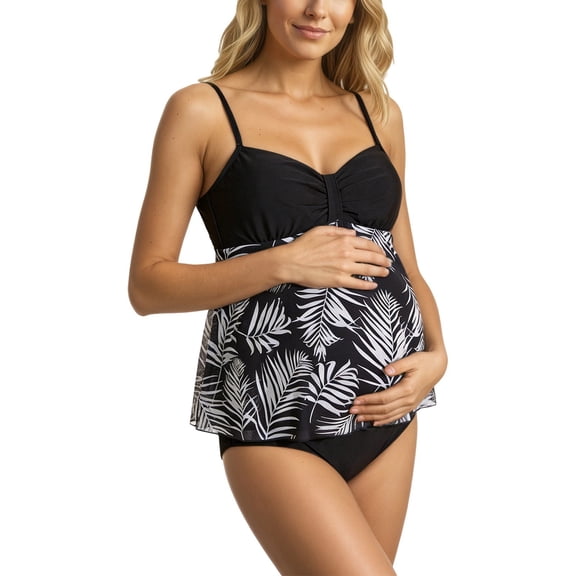 Gyujnb Leaf Print Maternity Tankini Twist Front Ruffle Skirted Top Adjustable Straps High Waist Pregnancy Two Piece Swimwear,M