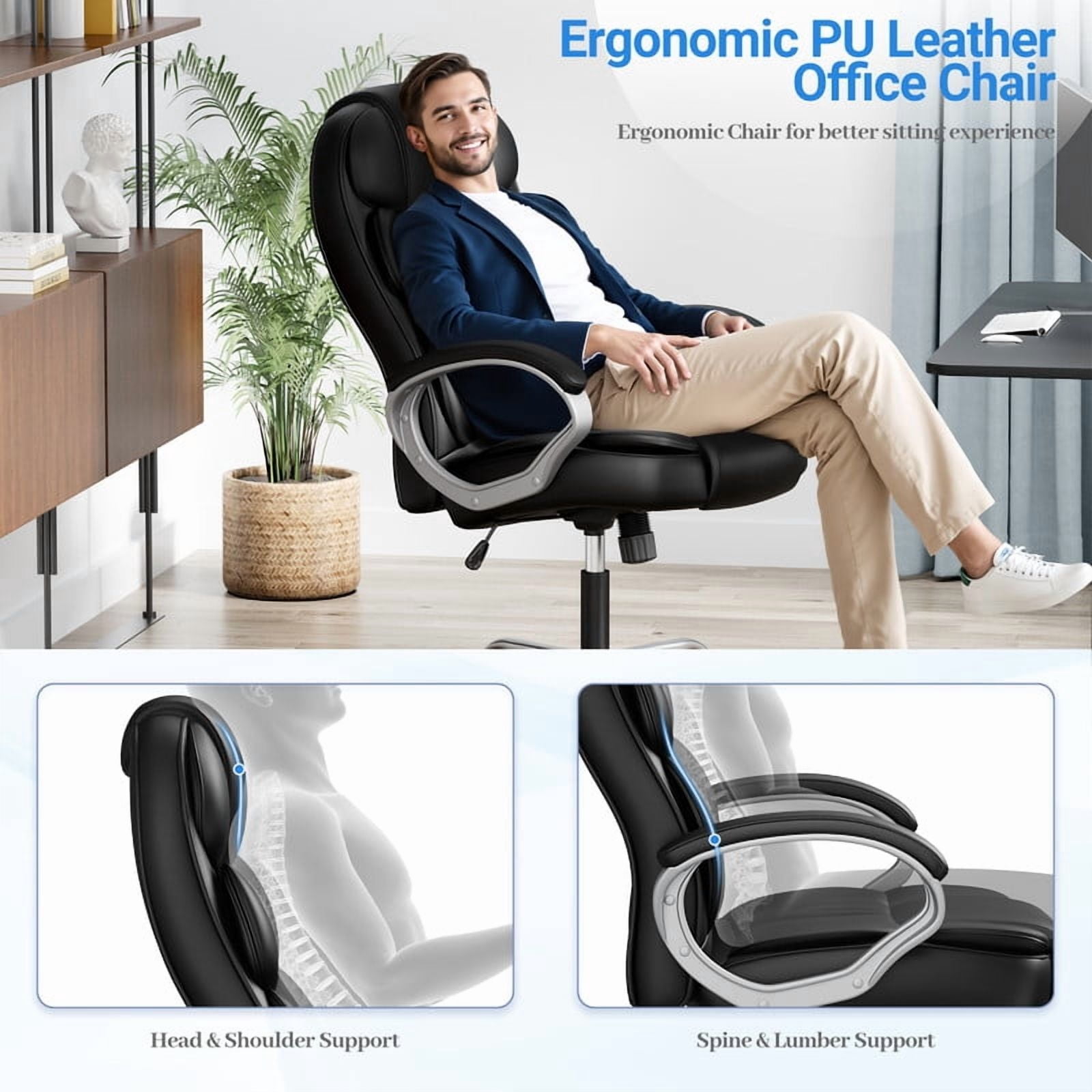 Homall High Back Office Chair, Executive Leather Desk Chair with Padded Armrests Swivel Task Chair with Lumbar Support, Black
