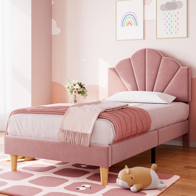 Yiwa Lit Plateforme pour Enfants Format Simple en Velours avec Tête de Lit Réglable et Lattes en Bois Robustes, Aucun Sommier Requis