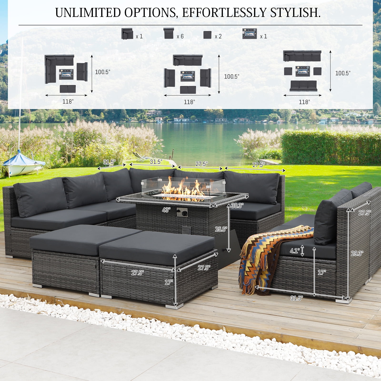RADIATA 10 Pcs Outdoor Furniture with Fire Pit Table Wicker Sofa